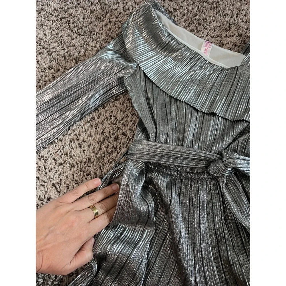 Justice Girls Silver Metallic Pleated One Shoulder Jumpsuit Size M 10 Wide Leg